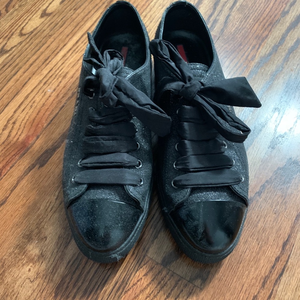 Prada black sparkly low top sneakers tennis shoes